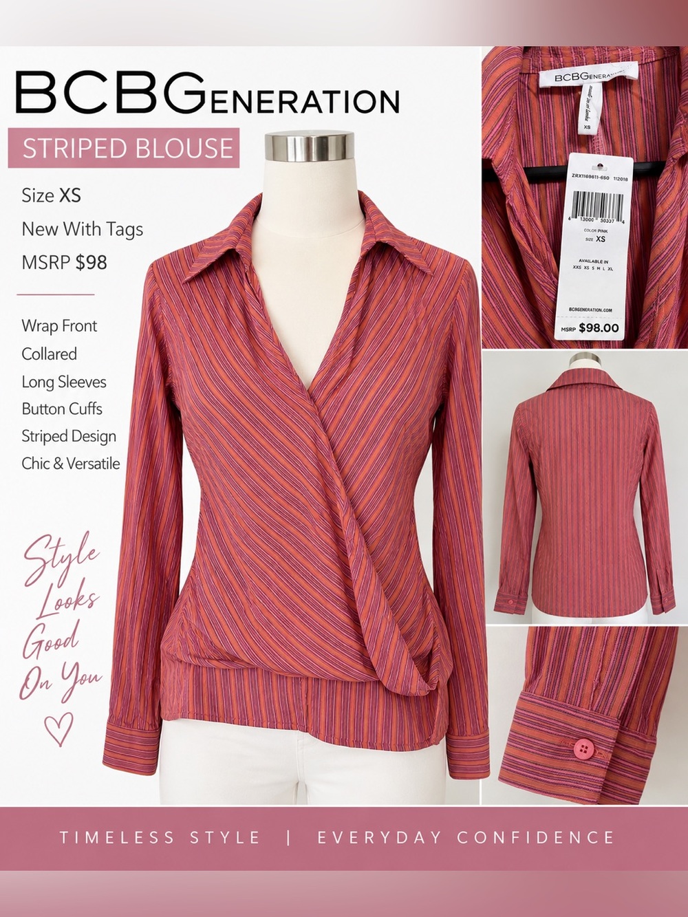 BCBGeneration Striped Wrap-Front Blouse in Pink and Orange